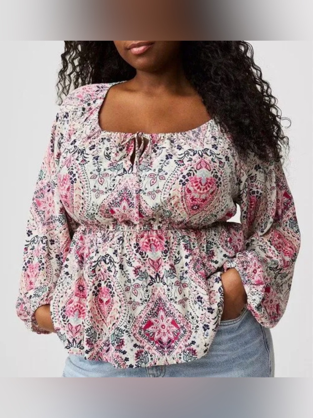Torrid Pink Paisley Smocked Waist Peasant Blouse Size 2X